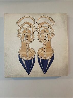 Fashion Shoe Aris Navy Patent Pointed-Toe Heels Beige Studded Strap Canvas Decor